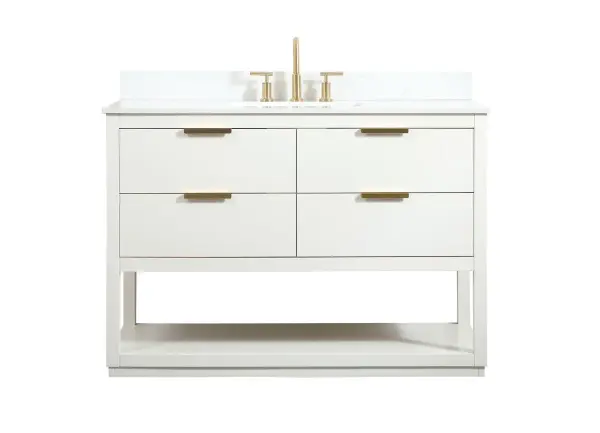 Live in modern comfort with this 48" white finish vanity. Dressed in a white and sleek gold metal hardware, its contemporary style will have your bathroom or powder room elevated in modern sophistication. The open shelf at the base and four drawers reveal ample storage space for your bathroom essentials and miscellany. Clean lines create its own visual interest, adding trendy looks to your already chic room. Comes with a matching backsplash to protect your walls. Collection: Larkin Rooms: bathroom Finish: white Width: 22.00" Height: 34.00" Length: 48.00" Weight: 209.00 lb Material: Solid wood and MDF Country of Origin: Vietnam Manufacturer Warranty: 1 year limited Spec Sheet