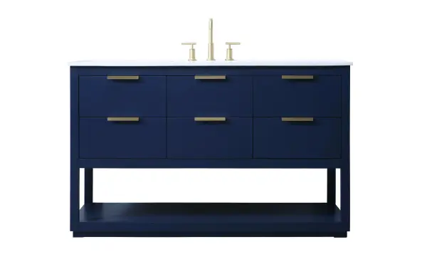 Dimensions
Length: 54"
Width: 22"
Height: 34"
Depth: 22"
Counter Top Length: 54"
Counter Top Width: 22"
Counter Top Height: 0.7"
Sink Width: 16.1"
Sink Depth: 11"
Sink Height: 7.875"
Sink Drain Hole Size: 1.77"
Faucet Hole Spacing: 8 inch"
Specifications
Assembly Required: NO
Base Material: MDF
Counter Top Edge Style: Straight
Counter Top Finish: Calacatta white
Distressed Finish: NO
Drain Assembly Included: NO
Faucet Included: NO
Finish (Color): Blue
Vanity Material: Solid Wood and MDF
Hardware Finish: Gold
Harware Material: Aluminium alloy
Number of Faucet Holes: 3
Number of Sinks: 1
Product Shape: Rectangle
Product Type: Bathroom Vanities
Product Warranty: 1 year limited
Sink Mounting Type: Undermount
Vanity Backsplash: NO
Vanity Mounting Type: Free-Standing
Weight: 209
Wire Included: No
Wood Type: Rubberwood
Shipment type: LTL
US Shipping Cost: $246.00
Drawers
Drawers Included: Yes
Number of Drawers: 5
False Drawers: YES
Drawer Width: DW1:16.5
DW2:16.5
DW3:16.5
Drawer Depth: DW1:14
DW2:14
DW3:14
Drawer Height: DW1:7.9
DW2:7.9
DW3:7.9
Drawer Handle Designs: Finger pulls
Shelves
Number of Shelves: 1
Shelf Width: 50.1