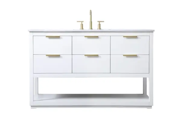 A sophisticated freestanding vanity combining engineered marble elegance with practical soft-close drawers. The clean white finish and contemporary straight-edge design bring instant modern style to any bathroom.
