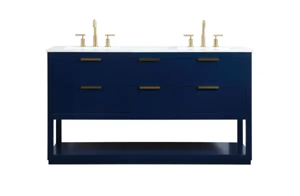 Live in modern comfort with this 60" blue finish double vanity. Dressed in a blue and sleek gold metal hardware, its contemporary style will have your bathroom or powder room elevated in modern sophistication. The open shelf at the base and five drawers reveal ample storage space for your bathroom essentials and miscellany. Clean lines create its own visual interest, adding trendy looks to your already chic room. Collection: Larkin Rooms: bathroom Finish: Blue Width: 22.00" Height: 34.00" Length: 60.00" Weight: 207.00 lb Material: Solid wood and MDF Country of Origin: Vietnam Manufacturer Warranty: 1 year limited Spec Sheet