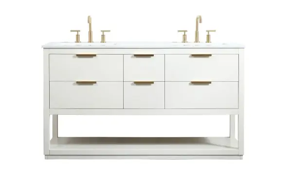 The Larkin vanity combines clean-lined contemporary design with practical storage. White finish and gold hardware create sophisticated contrast, while five drawers and open shelf provide generous organization.