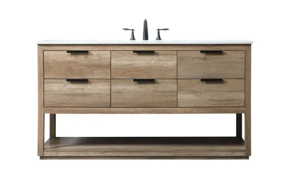 Elevate your bathroom effortlessly with our stylish vanity. Featuring an engineered marble top and chic straight edge cut, it brings a touch of modern elegance. The soft-close drawers, adorned with sleek pulls, offers both convenient storage and a contemporary aesthetic. Completing the ensemble, an undermount porcelain sink adds timeless charm. The vanity's open shelf at the bottom provides extra storage and a space to showcase decor. As a freestanding unit, this hassle-free solution requires no assembly. Customize your space effortlessly with this sophisticated option for instant bathroom elegance. Collection: Larkin Rooms: bathroom Finish: Natural Oak Width: 22.00" Height: 34.00" Length: 60.00" Weight: 216.00 lb Material: Solid wood and MDF Country of Origin: Vietnam Manufacturer Warranty: 1 year limited