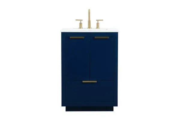 The Blake collection vanity cabinet will be a modern furniture statement piece in your bathroom. Our color combination creates a calming atmosphere in the room. The gold handles bring a vibrant touch to balance the vanity. With the simplistic clean lines, the cabinet catches eyes with its beautiful smooth surface. Open the cabinet doors to store what you desire and make use of the spacious area. Gently close the door and the soft closing glides will quietly closes the door. To top it off, the calacatta engineered marble adds a luxury and modern finish to the durable stonetop. Collection: Blake Rooms: bathroom Finish: blue Width: 19.00" Height: 34.00" Length: 24.00" Weight: 99.00 lb Material: MDF Country of Origin: Vietnam Manufacturer Warranty: 1 year limited Spec Sheet