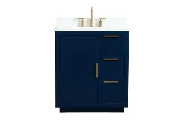The Blake collection vanity cabinet will be a modern furniture statement piece in your bathroom. Our color combination creates a calming atmosphere in the room. The gold handles bring a vibrant touch to balance the vanity. With the simplistic clean lines, the cabinet catches eyes with its beautiful smooth surface. Open the cabinet doors to store what you desire and make use of the spacious area. Gently close the door and the soft closing glides will quietly closes the door. To top it off, the calacatta engineered marble adds a luxury and modern finish to the durable stonetop. Comes with a matching backsplash. Collection: Blake Rooms: bathroom Finish: blue Width: 19.00" Height: 34.00" Length: 30.00" Weight: 136.00 lb Material: MDF Country of Origin: Vietnam Manufacturer Warranty: 1 year limited Spec Sheet