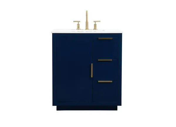 The Blake collection vanity cabinet will be a modern furniture statement piece in your bathroom. Our color combination creates a calming atmosphere in the room. The gold handles bring a vibrant touch to balance the vanity. With the simplistic clean lines, the cabinet catches eyes with its beautiful smooth surface. Open the cabinet doors to store what you desire and make use of the spacious area. Gently close the door and the soft closing glides will quietly closes the door. To top it off, the calacatta engineered marble adds a luxury and modern finish to the durable stonetop. Collection: Blake Rooms: bathroom Finish: blue Width: 19.00" Height: 34.00" Length: 30.00" Weight: 120.00 lb Material: MDF Country of Origin: Vietnam Manufacturer Warranty: 1 year limited Spec Sheet
