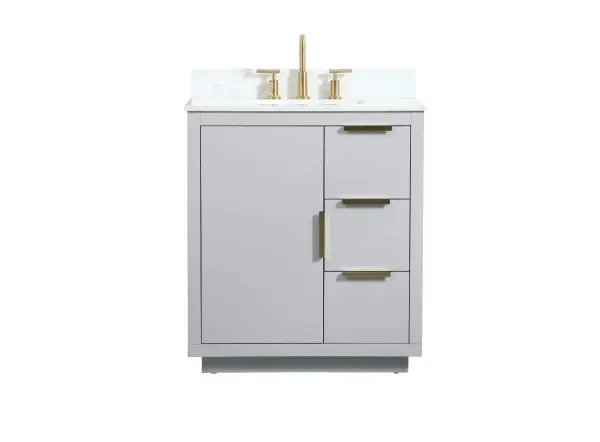 The Blake collection vanity cabinet will be a modern furniture statement piece in your bathroom. Our color combination creates a calming atmosphere in the room. The gold handles bring a vibrant touch to balance the vanity. With the simplistic clean lines, the cabinet catches eyes with its beautiful smooth surface. Open the cabinet doors to store what you desire and make use of the spacious area. Gently close the door and the soft closing glides will quietly closes the door. To top it off, the calacatta engineered marble adds a luxury and modern finish to the durable stonetop. Comes with a matching backsplash. Collection: Blake Rooms: bathroom Finish: grey Width: 19.00" Height: 34.00" Length: 30.00" Weight: 136.00 lb Material: MDF Country of Origin: Vietnam Manufacturer Warranty: 1 year limited Spec Sheet