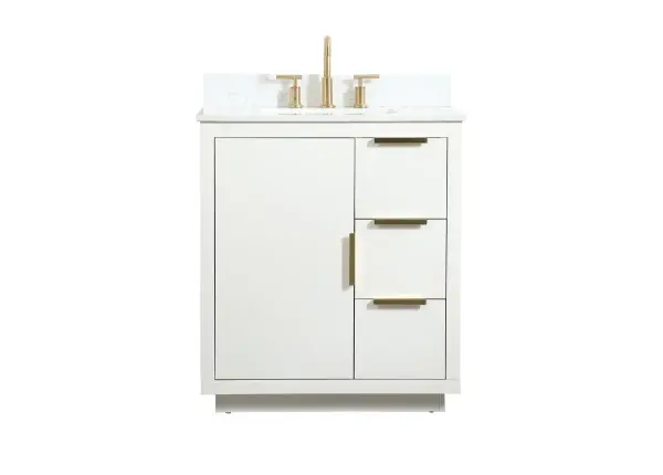 The Blake collection vanity cabinet will be a modern furniture statement piece in your bathroom. Our color combination creates a calming atmosphere in the room. The gold handles bring a vibrant touch to balance the vanity. With the simplistic clean lines, the cabinet catches eyes with its beautiful smooth surface. Open the cabinet doors to store what you desire and make use of the spacious area. Gently close the door and the soft closing glides will quietly closes the door. To top it off, the calacatta engineered marble adds a luxury and modern finish to the durable stonetop. Comes with a matching backsplash. Collection: Blake Rooms: bathroom Finish: white Width: 19.00" Height: 34.00" Length: 30.00" Weight: 136.00 lb Material: MDF Country of Origin: Vietnam Manufacturer Warranty: 1 year limited Spec Sheet