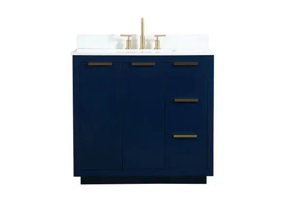 The Blake collection vanity cabinet will be a modern furniture statement piece in your bathroom. Our color combination creates a calming atmosphere in the room. The gold handles bring a vibrant touch to balance the vanity. With the simplistic clean lines, the cabinet catches eyes with its beautiful smooth surface. Open the cabinet doors to store what you desire and make use of the spacious area. Gently close the door and the soft closing glides will quietly closes the door. To top it off, the calacatta engineered marble adds a luxury and modern finish to the durable stonetop. Comes with a matching backsplash. Collection: Blake Rooms: bathroom Finish: Blue Width: 22.00" Height: 34.00" Length: 36.00" Weight: 180.00 lb Material: MDF Country of Origin: Vietnam Manufacturer Warranty: 1 year limited Spec Sheet