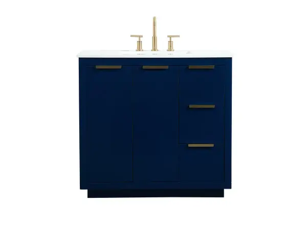 The Blake collection vanity cabinet will be a modern furniture statement piece in your bathroom. Our color combination creates a calming atmosphere in the room. The gold handles bring a vibrant touch to balance the vanity. With the simplistic clean lines, the cabinet catches eyes with its beautiful smooth surface. Open the cabinet doors to store what you desire and make use of the spacious area. Gently close the door and the soft closing glides will quietly closes the door. To top it off, the calacatta engineered marble adds a luxury and modern finish to the durable stonetop. Collection: Blake Rooms: bathroom Finish: Blue Width: 22.00" Height: 34.00" Length: 36.00" Weight: 158.00 lb Material: MDF Country of Origin: Vietnam Manufacturer Warranty: 1 year limited Spec Sheet