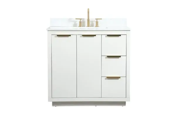 The Blake collection vanity cabinet will be a modern furniture statement piece in your bathroom. Our color combination creates a calming atmosphere in the room. The gold handles bring a vibrant touch to balance the vanity. With the simplistic clean lines, the cabinet catches eyes with its beautiful smooth surface. Open the cabinet doors to store what you desire and make use of the spacious area. Gently close the door and the soft closing glides will quietly closes the door. To top it off, the calacatta engineered marble adds a luxury and modern finish to the durable stonetop. Comes with a matching backsplash. Collection: Blake Rooms: bathroom Finish: white Width: 22.00" Height: 34.00" Length: 36.00" Weight: 180.00 lb Material: MDF Country of Origin: Vietnam Manufacturer Warranty: 1 year limited Spec Sheet