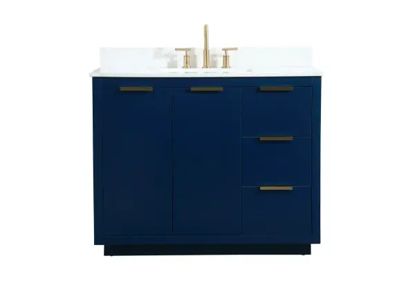 The Blake collection vanity cabinet will be a modern furniture statement piece in your bathroom. Our color combination creates a calming atmosphere in the room. The gold handles bring a vibrant touch to balance the vanity. With the simplistic clean lines, the cabinet catches eyes with its beautiful smooth surface. Open the cabinet doors to store what you desire and make use of the spacious area. Gently close the door and the soft closing glides will quietly closes the door. To top it off, the calacatta engineered marble adds a luxury and modern finish to the durable stonetop. Collection: Blake Rooms: bathroom Finish: blue Width: 22.00" Height: 34.00" Length: 42.00" Weight: 191.00 lb Material: MDF Country of Origin: Vietnam Manufacturer Warranty: 1 year limited Spec Sheet
