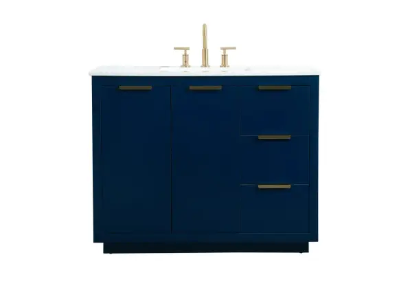 The Blake collection vanity cabinet will be a modern furniture statement piece in your bathroom. Our color combination creates a calming atmosphere in the room. The gold handles bring a vibrant touch to balance the vanity. With the simplistic clean lines, the cabinet catches eyes with its beautiful smooth surface. Open the cabinet doors to store what you desire and make use of the spacious area. Gently close the door and the soft closing glides will quietly closes the door. To top it off, the calacatta engineered marble adds a luxury and modern finish to the durable stonetop. Collection: Blake Rooms: bathroom Finish: blue Width: 22.00" Height: 34.00" Length: 42.00" Weight: 191.00 lb Material: MDF Country of Origin: Vietnam Manufacturer Warranty: 1 year limited Spec Sheet