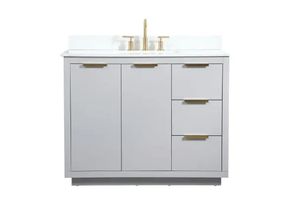 The Blake collection vanity cabinet will be a modern furniture statement piece in your bathroom. Our color combination creates a calming atmosphere in the room. The gold handles bring a vibrant touch to balance the vanity. With the simplistic clean lines, the cabinet catches eyes with its beautiful smooth surface. Open the cabinet doors to store what you desire and make use of the spacious area. Gently close the door and the soft closing glides will quietly closes the door. To top it off, the calacatta engineered marble adds a luxury and modern finish to the durable stonetop. Collection: Blake Rooms: bathroom Finish: grey Width: 22.00" Height: 34.00" Length: 42.00" Weight: 191.00 lb Material: MDF Country of Origin: Vietnam Manufacturer Warranty: 1 year limited Spec Sheet