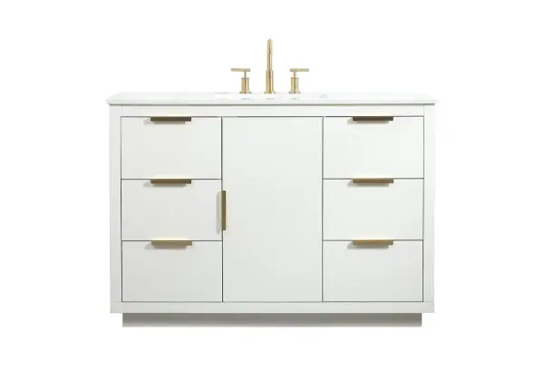 The Blake vanity combines clean contemporary lines with luxury materials. White MDF construction with gold hardware creates a sophisticated look, while the calacatta engineered marble top adds elegance.