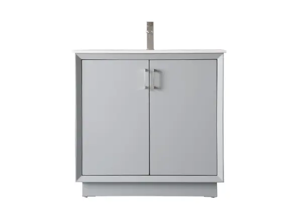 A sleek 36-inch bathroom vanity combining contemporary boxy design with practical storage. Features engineered marble countertop, undermount porcelain sink, soft-closing doors with bar pulls, and solid wood legs for stability.