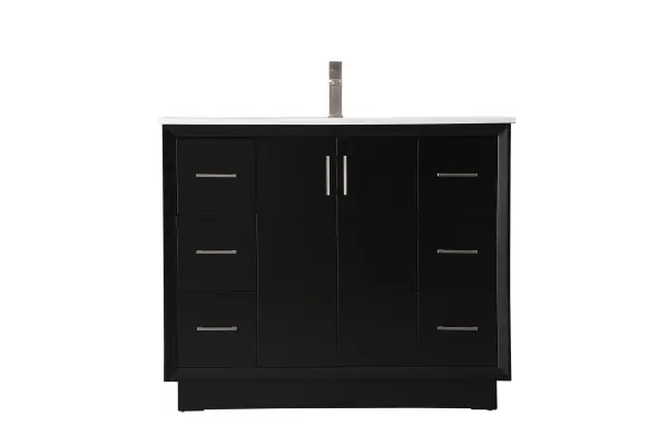 Dimensions
Length: 42"
Width: 22"
Height: 35"
Counter Top Length: 42"
Counter Top Width: 22"
Counter Top Height: 0.75"
Sink Width: 15.35"
Sink Depth: 10.83"
Sink Height: 7"
Sink Drain Hole Size: 1.75"
Faucet Hole Spacing: Single Hole"
Specifications
Assembly Required: NO
Base Material: solid wood
Counter Top Edge Style: straight
Counter Top Finish: calacatta white
Distressed Finish: no
Drain Assembly Included: No
Faucet Included: No
Finish (Color): Black
Vanity Material: Solid Wood and MDF
Hardware Finish: Brushed nickel
Harware Material: Aluminum alloy
Number of Faucet Holes: 1
Number of Sinks: 1
Product Shape: Rectangle
Product Type: Bathroom Vanities
Product Warranty: 1 year limited
Sink Mounting Type: Undermount
Vanity Backsplash: NO
Vanity Mounting Type: Free-Standing
Weight: 213
Wire Included: No
Wood Type: Rubberwood
Shipment type: LTL
US Shipping Cost: $201.00
Drawers
Drawers Included: yes
Number of Drawers: 6
Drawer Width: 9.5
Drawer Depth: 14.88
Drawer Height: 9.2
Drawer Handle Designs: Bar pulls
Shelves
Number of Shelves: 1
Shelf Width: 19
17.72
Cabinets
Number of Cabinets: 1
Cabinet Interior Width: 19
Cabinet Interior Depth: 17.72
Cabinet Interior Height: 27.6
