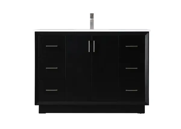Dimensions
Length: 48"
Width: 22"
Height: 35"
Counter Top Length: 48"
Counter Top Width: 22"
Counter Top Height: 0.75"
Sink Width: 15.35"
Sink Depth: 10.83"
Sink Height: 7"
Sink Drain Hole Size: 1.75"
Faucet Hole Spacing: Single Hole"
Specifications
Assembly Required: NO
Base Material: solid wood
Counter Top Edge Style: straight
Counter Top Finish: calacatta white
Distressed Finish: no
Drain Assembly Included: No
Faucet Included: No
Finish (Color): Black
Vanity Material: Solid Wood and MDF
Hardware Finish: Brushed nickel
Harware Material: Aluminum alloy
Number of Faucet Holes: 1
Number of Sinks: 1
Product Shape: Rectangle
Product Type: Bathroom Vanities
Product Warranty: 1 year limited
Sink Mounting Type: Undermount
Vanity Backsplash: NO
Vanity Mounting Type: Free-Standing
Weight: 229
Wire Included: No
Wood Type: Rubberwood
Shipment type: LTL
US Shipping Cost: $227.00
Drawers
Drawers Included: yes
Number of Drawers: 6
Drawer Width: 11
Drawer Depth: 14.88
Drawer Height: 9.2
Drawer Handle Designs: Bar pulls
Shelves
Number of Shelves: 1
Shelf Width: 22
17.72
Cabinets
Number of Cabinets: 1
Cabinet Interior Width: 22
Cabinet Interior Depth: 17.72
Cabinet Interior Height: 27.6