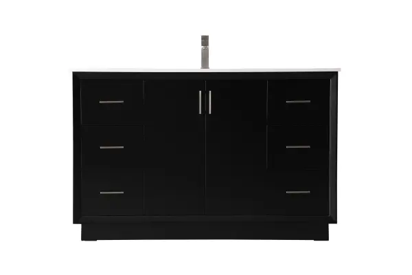 Dimensions
Length: 54"
Width: 22"
Height: 35"
Counter Top Length: 54"
Counter Top Width: 22"
Counter Top Height: 0.75"
Sink Width: 15.35"
Sink Depth: 10.83"
Sink Height: 7"
Sink Drain Hole Size: 1.75"
Faucet Hole Spacing: Single Hole"
Specifications
Assembly Required: NO
Base Material: solid wood
Counter Top Edge Style: straight
Counter Top Finish: calacatta white
Distressed Finish: no
Drain Assembly Included: No
Faucet Included: No
Finish (Color): Black
Vanity Material: Solid Wood and MDF
Hardware Finish: Brushed nickel
Harware Material: Aluminum alloy
Number of Faucet Holes: 1
Number of Sinks: 1
Product Shape: Rectangle
Product Type: Bathroom Vanities
Product Warranty: 1 year limited
Sink Mounting Type: Undermount
Vanity Backsplash: NO
Vanity Mounting Type: Free-Standing
Weight: 249
Wire Included: No
Wood Type: Rubberwood
Shipment type: LTL
US Shipping Cost: $252.00
Drawers
Drawers Included: yes
Number of Drawers: 6
Drawer Width: 12.5
Drawer Depth: 14.88
Drawer Height: 9.2
Drawer Handle Designs: Bar pulls
Shelves
Number of Shelves: 1
Shelf Width: 25
Cabinets
Number of Cabinets: 1
Cabinet Interior Width: 25
Cabinet Interior Depth: 17.72
Cabinet Interior Height: 27.6