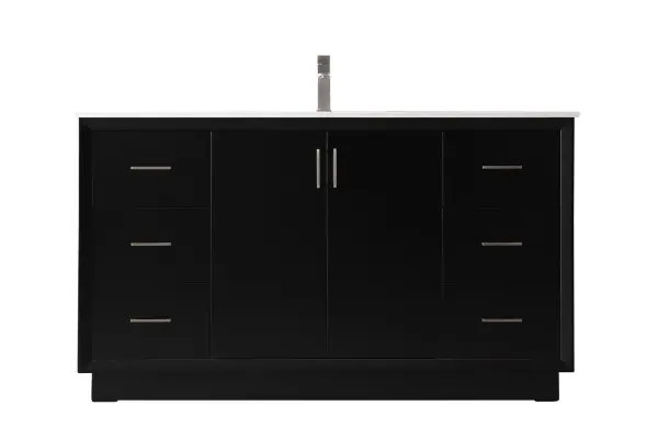 Dimensions
Length: 60"
Width: 22"
Height: 35"
Counter Top Length: 60"
Counter Top Width: 22"
Counter Top Height: 0.75"
Sink Width: 15.35"
Sink Depth: 10.83"
Sink Height: 7"
Sink Drain Hole Size: 1.75"
Faucet Hole Spacing: Single Hole"
Specifications
Assembly Required: NO
Base Material: solid wood
Counter Top Edge Style: straight
Counter Top Finish: calacatta white
Distressed Finish: no
Drain Assembly Included: No
Faucet Included: No
Finish (Color): Black
Vanity Material: Solid Wood and MDF
Hardware Finish: Brushed nickel
Harware Material: Aluminum alloy
Number of Faucet Holes: 1
Number of Sinks: 1
Product Shape: Rectangle
Product Type: Bathroom Vanities
Product Warranty: 1 year limited
Sink Mounting Type: Undermount
Vanity Backsplash: NO
Vanity Mounting Type: Free-Standing
Weight: 266
Wire Included: No
Wood Type: Rubberwood
Shipment type: LTL
US Shipping Cost: $278.00
Drawers
Drawers Included: yes
Number of Drawers: 6
Drawer Width: 14
Drawer Depth: 14.88
Drawer Height: 9.2
Drawer Handle Designs: Bar pulls
Shelves
Number of Shelves: 1
Shelf Width: 28
17.72
Cabinets
Number of Cabinets: 1
Cabinet Interior Width: 28
Cabinet Interior Depth: 17.72
Cabinet Interior Height: 27.6