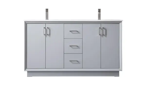 A contemporary 60-inch freestanding vanity featuring engineered marble countertop, dual undermount sinks, and soft-closing drawers. The boxy design combines MDF construction with solid wood legs for durability and modern sophistication.