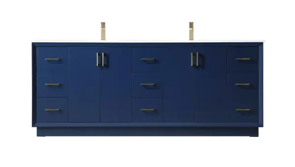 Dimensions
Length: 84"
Width: 22"
Height: 35"
Counter Top Length: 84"
Counter Top Width: 22"
Counter Top Height: 0.75"
Sink Width: 15.35"
Sink Depth: 10.83"
Sink Height: 7"
Sink Drain Hole Size: 1.75"
Faucet Hole Spacing: Single Hole"
Specifications
Assembly Required: NO
Base Material: solid wood
Counter Top Edge Style: straight
Counter Top Finish: calacatta white
Distressed Finish: no
Drain Assembly Included: No
Faucet Included: No
Finish (Color): Blue
Vanity Material: Solid Wood and MDF
Hardware Finish: Gold
Harware Material: Aluminum alloy
Number of Faucet Holes: 2
Number of Sinks: 2
Product Shape: Rectangle
Product Type: Bathroom Vanities
Product Warranty: 1 year limited
Sink Mounting Type: Undermount
Vanity Backsplash: NO
Vanity Mounting Type: Free-Standing
Weight: 387
Wire Included: No
Wood Type: Rubberwood
Shipment type: LTL
US Shipping Cost: $142.00
Drawers
Drawers Included: yes
Number of Drawers: 9
Drawer Width: 11.33
Drawer Depth: 14.88
Drawer Height: 9.2
Drawer Handle Designs: Bar pulls
Shelves
Number of Shelves: 2
Shelf Width: 23
Cabinets
Number of Cabinets: 2
Cabinet Interior Width: 23
Cabinet Interior Depth: 17.72
Cabinet Interior Height: 27.6
