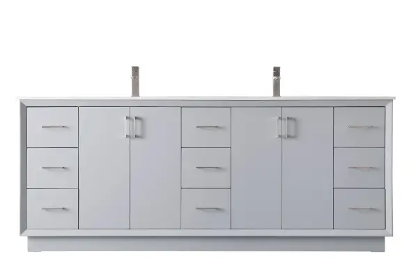 Dimensions
Length: 84"
Width: 22"
Height: 35"
Counter Top Length: 84"
Counter Top Width: 22"
Counter Top Height: 0.75"
Sink Width: 15.35"
Sink Depth: 10.83"
Sink Height: 7"
Sink Drain Hole Size: 1.75"
Faucet Hole Spacing: Single Hole"
Specifications
Assembly Required: NO
Base Material: solid wood
Counter Top Edge Style: straight
Counter Top Finish: calacatta white
Distressed Finish: no
Drain Assembly Included: No
Faucet Included: No
Finish (Color): Grey
Vanity Material: Solid Wood and MDF
Hardware Finish: Brushed nickel
Harware Material: Aluminum alloy
Number of Faucet Holes: 2
Number of Sinks: 2
Product Shape: Rectangle
Product Type: Bathroom Vanities
Product Warranty: 1 year limited
Sink Mounting Type: Undermount
Vanity Backsplash: NO
Vanity Mounting Type: Free-Standing
Weight: 387
Wire Included: No
Wood Type: Rubberwood
Shipment type: LTL
US Shipping Cost: $142.00
Drawers
Drawers Included: yes
Number of Drawers: 9
Drawer Width: 11.33
Drawer Depth: 14.88
Drawer Height: 9.2
Drawer Handle Designs: Bar pulls
Shelves
Number of Shelves: 2
Shelf Width: 23
Cabinets
Number of Cabinets: 2
Cabinet Interior Width: 23
Cabinet Interior Depth: 17.72
Cabinet Interior Height: 27.6