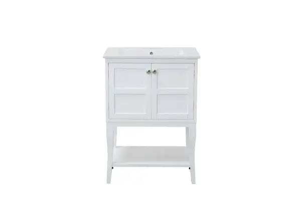 Designed with simple beauty and clean lines in mind , the Mason vanity will surely bring a unique flair to the modern day guest or office bathroom. Its transitional design features 2 framed doors with soft close function and an open shelf for your additional bathroom essential, topped with a modern white resin counter top with an integrated sink, which ensure non stain, scratch resistance and maintenance free use. the cabinet is painted in modern white, accented with round stainless steel door knobs, and build by solid wood frame, with graciously curved legs. FEATURES: Mason collection resin top with integrated sink Measurements: W24xD18xH34" Cabinet finish: white 4" spread ready to install faucet hole 2 doors and 1 shelf Door knob finish: chrome Build with solid wood and engineered wood. PRODUCTS DETAIL: Top material: resin Sink: resin Base material:wood Faucet: not included Door included: 2 Shelf: 1 installation: required. Collection: Mason Finish: white Width: 18.00" Height: 33.25" Length: 24.00" Weight: 62.00 lb Material: Solid wood Country of Origin: Malaysia Manufacturer Warranty: 1 year limited Spec Sheet