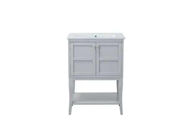 Designed with simple beauty and clean lines in mind , the Mason vanity will surely bring a unique flair to the modern day guest or office bathroom. Its transitional design features 2 framed doors with soft close function and an open shelf for your additional bathroom essential, topped with a modern white resin counter top with an integrated sink, which ensure non stain, scratch resistance and maintenance free use. the cabinet is painted in soft grey, accented with round stainless steel door knobs, and build by solid wood frame, with graciously curved legs. FEATURES: Mason collection resin top with integrated sink Measurements: W24xD18xH34" Cabinet finish: soft grey 4" spread ready to install faucet hole 2 doors and 1 shelf Door knob finish: chrome Build with solid wood and engineered wood. PRODUCTS DETAIL: Top material: resin Sink: resin Base material:wood Faucet: not included Door included: 2 Shelf: 1 installation: required. Collection: Mason Finish: Grey Width: 18.00" Height: 33.25" Length: 24.00" Weight: 62.00 lb Material: Solid wood Country of Origin: Malaysia Manufacturer Warranty: 1 year limited Spec Sheet