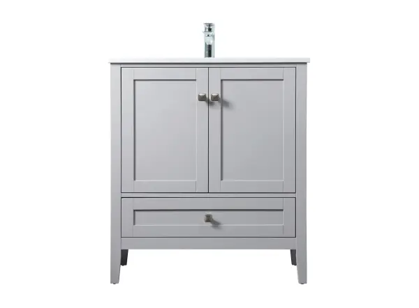 Dimensions
Length: 30"
Width: 19"
Height: 34"
Counter Top Length: 30"
Counter Top Width: 19"
Counter Top Height: 0.71"
Sink Width: 15.35"
Sink Depth: 10.24"
Sink Height: 8.25"
Sink Drain Hole Size: 1.77"
Faucet Hole Spacing: 1 Hole"
Specifications
Assembly Required: NO
Counter Top Edge Style: Straight
Counter Top Finish: Calacatta white
Distressed Finish: NO
Drain Assembly Included: NO
Faucet Included: NO
Finish (Color): Grey
Vanity Material: Solid Wood and MDF
Hardware Finish: brushed nickel
Harware Material: Aluminum alloy
Number of Faucet Holes: 1
Number of Sinks: 1
Product Shape: Rectangle
Product Type: Bathroom Vanities
Product Warranty: 1 year limited
Sink Mounting Type: Undermount
Vanity Backsplash: NO
Vanity Mounting Type: Free-Standing
Weight: 96
Wire Included: No
Wood Type: Rubberwood
Shipment type: Oversized Ground
US Shipping Cost: $142.00
Drawers
Drawers Included: YES
Number of Drawers: 1
False Drawers: NO
Drawer Width: 25.83
Drawer Depth: 14.24
Drawer Height: 5.91
Drawer Handle Designs: Knob
Cabinets
Number of Cabinets: 1
Cabinet Interior Width: 26.97
Cabinet Interior Depth: 17.24
Cabinet Interior Height: 19.53