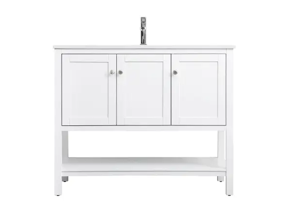 The Heath vanity delivers sophisticated transitional design with a clean white finish and solid wood construction. At 42 inches wide, it's perfectly sized for medium bathrooms while offering ample storage and counter space.