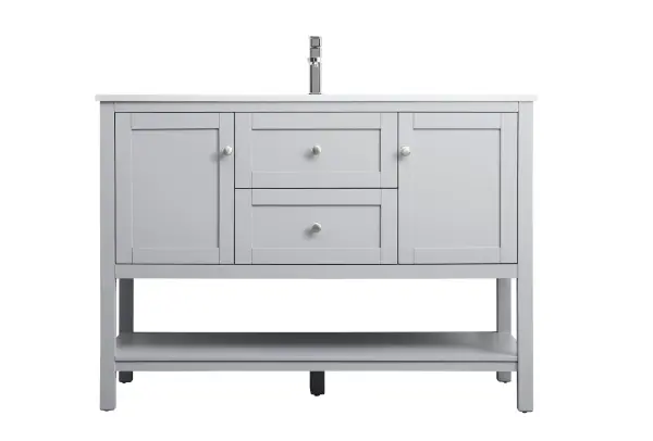 Dimensions
Length: 48"
Width: 21.5"
Height: 35"
Counter Top Length: 48"
Counter Top Width: 21.5"
Counter Top Height: 0.7"
Sink Width: 15.8"
Sink Depth: 10.9"
Sink Height: 7.875"
Sink Drain Hole Size: 1.77"
Faucet Hole Spacing: 1 Hole"
Specifications
Assembly Required: NO
Base Material: MDF
Counter Top Edge Style: Straight
Counter Top Finish: Calacatta white
Distressed Finish: NO
Drain Assembly Included: NO
Faucet Included: NO
Finish (Color): Grey
Vanity Material: Solid Wood and MDF
Hardware Finish: Brushed nickel
Harware Material: Aluminium alloy
Number of Faucet Holes: 1
Number of Sinks: 1
Product Shape: Rectangle
Product Type: Bathroom Vanities
Product Warranty: 1 year limited
Sink Mounting Type: Undermount
Vanity Backsplash: NO
Vanity Mounting Type: Free-Standing
Weight: 159
Wire Included: No
Wood Type: Rubberwood
Shipment type: LTL
US Shipping Cost: $213.00
Drawers
Drawers Included: Yes
Number of Drawers: 1
False Drawers: YES
Drawer Width: 17.625
Drawer Depth: 14
Drawer Height: 8.25
Drawer Handle Designs: Knob
Shelves
Number of Shelves: 1
Shelf Width: 43.625
17.5
Cabinets
Number of Cabinets: 2
Cabinet Interior Width: 12.75
Cabinet Interior Depth: 17.5
Cabinet Interior Height: 16.875