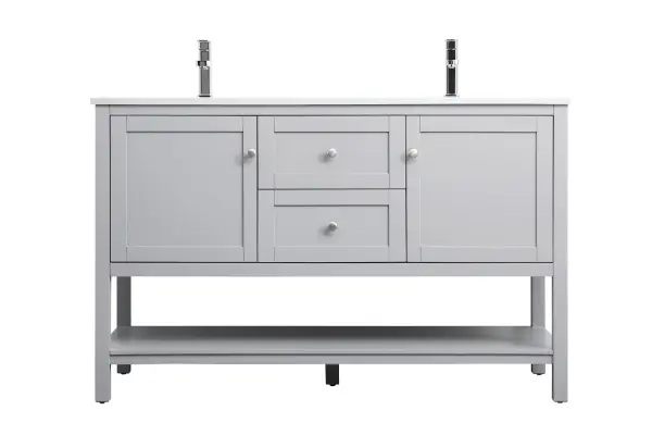 Dimensions
Length: 54"
Width: 21.5"
Height: 35"
Counter Top Length: 54"
Counter Top Width: 21.5"
Counter Top Height: 0.7"
Sink Width: 15.8"
Sink Depth: 10.9"
Sink Height: 7.875"
Sink Drain Hole Size: 1.77"
Faucet Hole Spacing: 1 Hole"
Specifications
Assembly Required: NO
Base Material: MDF
Counter Top Edge Style: Straight
Counter Top Finish: Calacatta white
Distressed Finish: NO
Drain Assembly Included: NO
Faucet Included: NO
Finish (Color): Grey
Vanity Material: Solid Wood and MDF
Hardware Finish: Brushed nickel
Harware Material: Aluminium alloy
Number of Faucet Holes: 1
Number of Sinks: 1
Product Shape: Rectangle
Product Type: Bathroom Vanities
Product Warranty: 1 year limited
Sink Mounting Type: Undermount
Vanity Backsplash: NO
Vanity Mounting Type: Free-Standing
Weight: 179
Wire Included: No
Wood Type: Rubberwood
Shipment type: LTL
US Shipping Cost: $237.00
Drawers
Drawers Included: Yes
Number of Drawers: 1
False Drawers: YES
Drawer Width: 17.625
Drawer Depth: 14
Drawer Height: 8.25
Drawer Handle Designs: Knob
Shelves
Number of Shelves: 1
Shelf Width: 49.625
17.5
Cabinets
Number of Cabinets: 2
Cabinet Interior Width: 15.75
Cabinet Interior Depth: 17.5
Cabinet Interior Height: 16.875