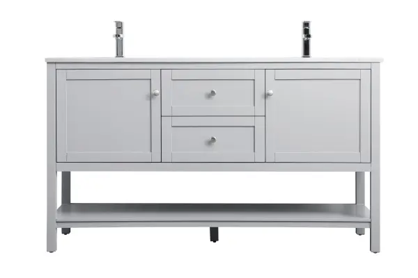 Dimensions
Length: 60"
Width: 21.5"
Height: 35"
Counter Top Length: 60"
Counter Top Width: 21.5"
Counter Top Height: 0.7"
Sink Width: 15.8"
Sink Depth: 10.9"
Sink Height: 7.875"
Sink Drain Hole Size: 1.77"
Faucet Hole Spacing: 1 Hole"
Specifications
Assembly Required: NO
Base Material: MDF
Counter Top Edge Style: Straight
Counter Top Finish: Calacatta white
Distressed Finish: NO
Drain Assembly Included: NO
Faucet Included: NO
Finish (Color): Grey
Vanity Material: Solid Wood and MDF
Hardware Finish: Brushed nickel
Harware Material: Aluminium alloy
Number of Faucet Holes: 1
Number of Sinks: 1
Product Shape: Rectangle
Product Type: Bathroom Vanities
Product Warranty: 1 year limited
Sink Mounting Type: Undermount
Vanity Backsplash: NO
Vanity Mounting Type: Free-Standing
Weight: 196
Wire Included: No
Wood Type: Rubberwood
Shipment type: LTL
US Shipping Cost: $261.00
Drawers
Drawers Included: Yes
Number of Drawers: 1
False Drawers: YES
Drawer Width: 18.375
Drawer Depth: 14
Drawer Height: 8.25
Drawer Handle Designs: Knob
Shelves
Number of Shelves: 1
Shelf Width: 55.625
17.5
Cabinets
Number of Cabinets: 2
Cabinet Interior Width: 18.375
Cabinet Interior Depth: 17.5
Cabinet Interior Height: 16.875