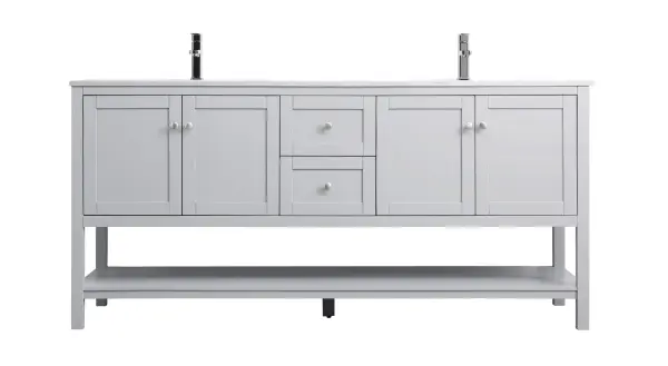 Dimensions
Length: 72"
Width: 21.5"
Height: 35"
Counter Top Length: 72"
Counter Top Width: 21.5"
Counter Top Height: 0.7"
Sink Width: 15.8"
Sink Depth: 10.9"
Sink Height: 7.875"
Sink Drain Hole Size: 1.77"
Faucet Hole Spacing: 1 Hole"
Specifications
Assembly Required: NO
Base Material: MDF
Counter Top Edge Style: Straight
Counter Top Finish: Calacatta white
Distressed Finish: NO
Drain Assembly Included: NO
Faucet Included: NO
Finish (Color): Grey
Vanity Material: Solid Wood and MDF
Hardware Finish: Brushed nickel
Harware Material: Aluminium alloy
Number of Faucet Holes: 2
Number of Sinks: 2
Product Shape: Rectangle
Product Type: Bathroom Vanities
Product Warranty: 1 year limited
Sink Mounting Type: Undermount
Vanity Backsplash: NO
Vanity Mounting Type: Free-Standing
Weight: 220
Wire Included: No
Wood Type: Rubberwood
Shipment type: LTL
US Shipping Cost: $309.00
Drawers
Drawers Included: Yes
Number of Drawers: 2
False Drawers: NO
Drawer Width: 13.375
Drawer Depth: 14
Drawer Height: 8.25
Drawer Handle Designs: Knob
Shelves
Number of Shelves: 1
Shelf Width: 67.625
17.5
Cabinets
Number of Cabinets: 2
Cabinet Interior Width: 27
Cabinet Interior Depth: 17.5
Cabinet Interior Height: 16.875