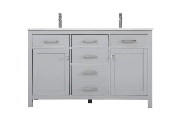 Dimensions
Length: 54"
Width: 22"
Height: 34"
Counter Top Length: 54"
Counter Top Width: 22"
Counter Top Height: 0.7"
Sink Width: 16.14"
Sink Depth: 11.02"
Sink Height: 7.875"
Sink Drain Hole Size: 1.77"
Faucet Hole Spacing: 1 Hole"
Specifications
Assembly Required: NO
Base Material: MDF
Counter Top Edge Style: Straight
Counter Top Finish: Calacatta white
Distressed Finish: NO
Drain Assembly Included: NO
Faucet Included: NO
Finish (Color): Grey
Vanity Material: Solid Wood and MDF
Hardware Finish: Brushed nickel
Harware Material: Aluminium alloy
Number of Faucet Holes: 1
Number of Sinks: 2
Product Shape: Rectangle
Product Type: Bathroom Vanities
Product Warranty: 1 year limited
Sink Mounting Type: Undermount
Vanity Backsplash: NO
Vanity Mounting Type: Free-Standing
Weight: 194
Wire Included: No
Wood Type: Rubberwood
Shipment type: LTL
US Shipping Cost: $250.00
Drawers
Drawers Included: Yes
Number of Drawers: 2
False Drawers: YES
Drawer Width: DW1: 15.83
DW2: 15.83
Drawer Depth: DW1: 14
DW2: 14
Drawer Height: DW1: 5.98
DW2: 12.91
Drawer Handle Designs: Bar pulls
Shelves
Number of Shelves: 2
Shelf Width: 16.3
18.35
Cabinets
Number of Cabinets: 2
Cabinet Interior Width: 16.3
Cabinet Interior Depth: 18.46
Cabinet Interior Height: 21.85