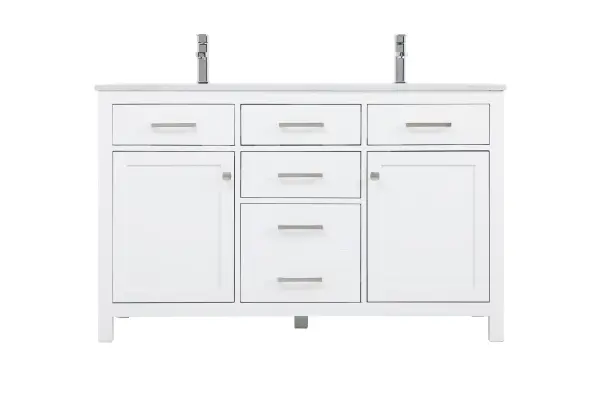The Lewis 54-inch vanity combines generous storage with clean transitional styling. Solid wood and MDF construction in a crisp white finish offers durability and timeless appeal for modern bathrooms.