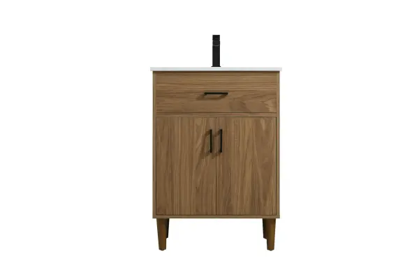 Transform your bathroom with this mid-century modern vanity, designed to bring both functionality and a sense of style to your space. Its clean lines, minimalist design, and tapered solid wood legs evoke a timeless charm, perfect for blending with modern and transitional interiors. The engineered marble countertop, with its unique faux marble veining, adds a refined, luxurious touch, while the porcelain sink is both durable and easy to maintain. Practicality meets aesthetics with a faux drawer for balanced design and a spacious double-door cabinet for efficient storage. Constructed from solid wood and MDF, this vanity offers lasting durability, while adjustable foot levelers ensure stability on any floor. Shipped mostly assembled, the solid wood legs can be effortlessly twisted into place, making installation quick and hassle-free. Collection: Chandler Rooms: bathroom Finish: Walnut Brown Width: 19.00" Height: 34.00" Length: 24.00" Weight: 72.00 lb Material: MDF and Solid wood Country of Origin: Malaysia Manufacturer Warranty: 1 year limited