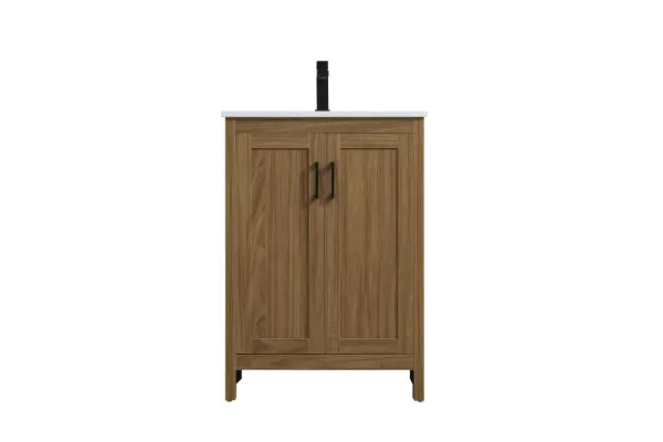 Redefine your bathroom with this transitional shaker-style vanity, designed to combine practicality with timeless aesthetics. Its clean lines and shaker-style door panels create a versatile look that complements both traditional and contemporary spaces. The engineered marble countertop, featuring a unique faux marbled pattern, adds a sophisticated focal point, while the integrated porcelain sink ensures durability and easy maintenance. The vanity includes a shelf with a smart U-shaped cutout, optimizing storage while accommodating plumbing. Crafted from sturdy MDF with a warm woodgrain finish, it brings a natural and inviting feel to your bathroom. Equipped with adjustable foot levelers for stability and a pre-drilled faucet hole for quick installation, this compact vanity delivers on both style and function. Best of all, it arrives fully assembled, ready to enhance your space right out of the box. Collection: Finnley Rooms: bathroom Finish: Walnut Brown Width: 19.00" Height: 34.00" Length: 24.00" Weight: 79.00 lb Material: MDF Country of Origin: Malaysia Manufacturer Warranty: 1 year limited