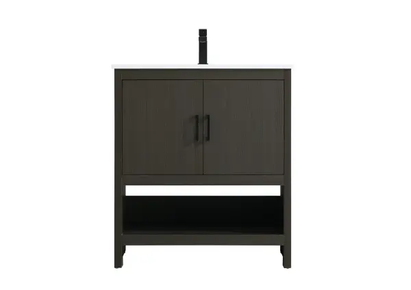 Dimensions
Length: 30"
Width: 19"
Height: 34"
Counter Top Length: 30"
Counter Top Width: 19"
Counter Top Height: 0.71"
Sink Width: 15.35"
Sink Depth: 10.24"
Sink Height: 8.25"
Sink Drain Hole Size: 1.77"
Faucet Hole Spacing: 1 Hole"
Specifications
Assembly Required: No
Counter Top Edge Style: Straight
Counter Top Finish: Marble white
Distressed Finish: No
Drain Assembly Included: NO
Faucet Included: NO
Faucet Type: Widespread
Finish (Color): Mocha Brown
Vanity Material: MDF
Hardware Finish: Matte Black
Harware Material: Aluminum alloy
Number of Faucet Holes: 1
Number of Sinks: 1
Product Shape: Rectangle
Product Type: Bathroom Vanities
Product Warranty: 1 year limited
Sink Mounting Type: Undermount
Vanity Backsplash: NO
Vanity Mounting Type: Free-Standing
108
Wire Included: No
Wood Type: Rubberwood
Shipment type: Oversized Ground
US Shipping Cost: $142.00
Drawers
Drawers Included: NO
False Drawers: NO
Shelves
Number of Shelves: 1
Shelf Width: 27.95
Cabinets
Number of Cabinets: 1
Cabinet Interior Width: 27.95
Cabinet Interior Depth: 17.83
Cabinet Interior Height: 17.6