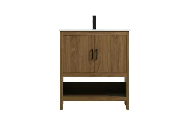 Bring modern style and practicality to your bathroom with this sleek vanity, designed to complement contemporary spaces. The flat-panel doors create a clean, minimalist look, while the open bottom shelf provides functional storage or a space to display decorative items. The engineered marble countertop showcases unique faux marbling, adding a refined and distinct touch to the design. The durable porcelain sink is easy to maintain, and the single pre-drilled faucet hole simplifies the installation process. Constructed from high-quality MDF with a versatile woodgrain finish, this vanity combines durability with timeless style. With adjustable foot levelers for stability on uneven floors and a fully assembled design, this piece offers a seamless addition to your bathroom. Collection: Ira Rooms: bathroom Finish: Walnut Brown Width: 19.00" Height: 34.00" Length: 30.00" Weight: 92.00 lb Material: MDF Country of Origin: Malaysia Manufacturer Warranty: 1 year limited