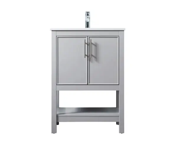 Dimensions
Length: 24"
Width: 19"
Height: 34"
Counter Top Length: 24"
Counter Top Width: 19"
Counter Top Height: 0.71"
Sink Width: 15.35"
Sink Depth: 10.24"
Sink Height: 8.25"
Sink Drain Hole Size: 1.77"
Faucet Hole Spacing: 1 Hole"
Specifications
Assembly Required: NO
Counter Top Edge Style: Straight
Counter Top Finish: Calacatta white
Distressed Finish: NO
Drain Assembly Included: NO
Faucet Included: NO
Finish (Color): Grey
Vanity Material: Solid Wood and MDF
Hardware Finish: brushed nickel
Harware Material: Aluminum alloy
Number of Faucet Holes: 1
Number of Sinks: 1
Product Shape: Rectangle
Product Type: Bathroom Vanities
Product Warranty: 1 year limited
Sink Mounting Type: Undermount
Vanity Backsplash: NO
Vanity Mounting Type: Free-Standing
Weight: 76
Wire Included: No
Wood Type: Rubberwood
Shipment type: Oversized Ground
US Shipping Cost: $129.00
Drawers
Drawers Included: NO
Number of Drawers: 0
False Drawers: NO
Shelves
Number of Shelves: 1
Cabinets
Number of Cabinets: 1
Cabinet Interior Width: 21.06
Cabinet Interior Depth: 17.24
Cabinet Interior Height: 17.52