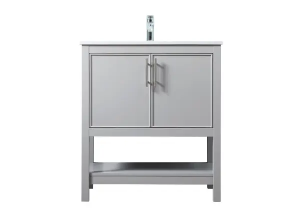 Dimensions
Length: 30"
Width: 19"
Height: 34"
Counter Top Length: 30"
Counter Top Width: 19"
Counter Top Height: 0.71"
Sink Width: 15.35"
Sink Depth: 10.24"
Sink Height: 8.25"
Sink Drain Hole Size: 1.77"
Faucet Hole Spacing: 1 Hole"
Specifications
Assembly Required: NO
Counter Top Edge Style: Straight
Counter Top Finish: Calacatta white
Distressed Finish: NO
Drain Assembly Included: NO
Faucet Included: NO
Finish (Color): Grey
Vanity Material: Solid Wood and MDF
Hardware Finish: brushed nickel
Harware Material: Aluminum alloy
Number of Faucet Holes: 1
Number of Sinks: 1
Product Shape: Rectangle
Product Type: Bathroom Vanities
Product Warranty: 1 year limited
Sink Mounting Type: Undermount
Vanity Backsplash: NO
Vanity Mounting Type: Free-Standing
Weight: 90
Wire Included: No
Wood Type: Rubberwood
Shipment type: Oversized Ground
US Shipping Cost: $142.00
Drawers
Drawers Included: NO
Number of Drawers: 0
False Drawers: NO
Shelves
Number of Shelves: 1
Cabinets
Number of Cabinets: 1
Cabinet Interior Width: 26.97
Cabinet Interior Depth: 17.24
Cabinet Interior Height: 17.52