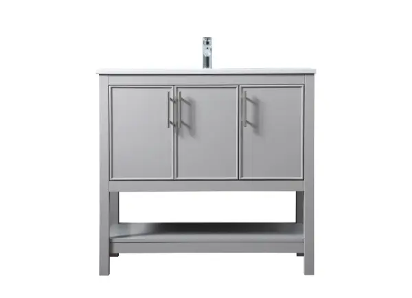 Dimensions
Length: 36"
Width: 19"
Height: 34"
Counter Top Length: 36"
Counter Top Width: 19"
Counter Top Height: 0.71"
Sink Width: 15.35"
Sink Depth: 10.24"
Sink Height: 8.25"
Sink Drain Hole Size: 1.77"
Faucet Hole Spacing: 1 Hole"
Specifications
Assembly Required: NO
Counter Top Edge Style: Straight
Counter Top Finish: Calacatta white
Distressed Finish: NO
Drain Assembly Included: NO
Faucet Included: NO
Finish (Color): Grey
Vanity Material: Solid Wood and MDF
Hardware Finish: brushed nickel
Harware Material: Aluminum alloy
Number of Faucet Holes: 1
Number of Sinks: 1
Product Shape: Rectangle
Product Type: Bathroom Vanities
Product Warranty: 1 year limited
Sink Mounting Type: Undermount
Vanity Backsplash: NO
Vanity Mounting Type: Free-Standing
Weight: 108
Wire Included: No
Wood Type: Rubberwood
Shipment type: LTL
US Shipping Cost: $159.00
Drawers
Drawers Included: NO
Number of Drawers: 0
False Drawers: NO
Shelves
Number of Shelves: 1
Cabinets
Number of Cabinets: 2
Cabinet Interior Width: 21.91,
10.57
Cabinet Interior Depth: 17.24
Cabinet Interior Height: 17.52