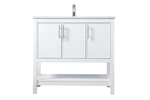 A sleek contemporary vanity combining engineered marble elegance with practical storage. Features soft-close doors, undermount sink, and open shelf design. Perfect for modern bathrooms seeking clean lines and functionality.
