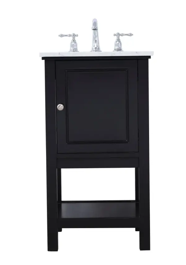 Create a refined and relaxing bath space with this contemporary design vanity, presenting its simplicity and clean straight lines in a minimalist appeal. The 18" black vanity, crafted of solid poplar wood, provides ample storage within its soft-close cabinet door and open shelf base, accentuated with chrome hardware. Rounding out the design is a luxurious Itallian Carrara white marble with a white porcelain under-mount oval sink. Collection: Metropolis Rooms: bathroom Finish: Black Width: 18.38" Height: 33.75" Length: 19.00" Weight: 60.00 lb Material: wood, metal, ceramic Country of Origin: Vietnam Manufacturer Warranty: 1 year limited Spec Sheet