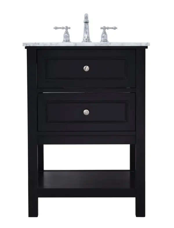 Create a refined and relaxing bath space with this contemporary design vanity, presenting its simplicity and clean straight lines in a minimalist appeal. The 24" black vanity, crafted of solid poplar wood, provides ample storage within its soft-close drawer and open shelf base, accentuated with chrome hardware. Rounding out the design is a luxurious Itallian Carrara white marble with a white porcelain under-mount oval sink. Collection: Metropolis Rooms: bathroom Finish: Black Width: 22.00" Height: 33.75" Length: 24.00" Weight: 86.00 lb Material: wood, metal, ceramic Country of Origin: Vietnam Manufacturer Warranty: 1 year limited Spec Sheet