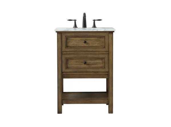 Clean lines and classic form can truly add a fresh look to your bathroom or powder room. This vanity, complemented by round hardware, will surely charm you with its confident style and subtle charisma. This vanity can store all of your bathroom toiletries, from extra towels to make up essentials. The vanity is crowned with carrara white marble and includes a porcelain undermount sink--adding both function and form that will truly amaze. Collection: Metropolis Rooms: bathroom Finish: driftwood Width: 22.00" Height: 34.00" Length: 24.00" Weight: 90.00 lb Material: Solid wood and MDF Country of Origin: Vietnam Manufacturer Warranty: 1 year limited