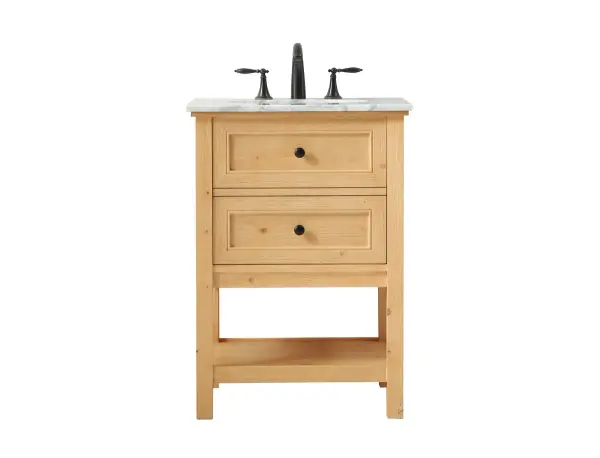 Clean lines and classic form can truly add a fresh look to your bathroom or powder room. This vanity, complemented by round hardware, will surely charm you with its confident style and subtle charisma. This vanity can store all of your bathroom toiletries, from extra towels to make up essentials. The vanity is crowned with carrara white marble and includes a porcelain undermount sink--adding both function and form that will truly amaze. Collection: Metropolis Rooms: bathroom Finish: natural wood Width: 22.00" Height: 34.00" Length: 24.00" Weight: 90.00 lb Material: Solid wood and MDF Country of Origin: Vietnam Manufacturer Warranty: 1 year limited