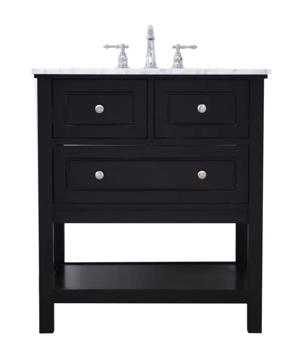 Create a refined and relaxing bath space with this contemporary design vanity, presenting its simplicity and clean straight lines in a minimalist appeal. The 30" black vanity, crafted of solid poplar wood, provides ample storage within its soft-close drawer and open shelf base, accentuate with chrome hardware. Rounding out the design is a luxurious Itallian Carrara white marble with a white porcelain under-mount oval sink. Collection: Metropolis Rooms: bathroom Finish: Black Width: 22.00" Height: 33.75" Length: 30.00" Weight: 104.00 lb Material: wood, metal, ceramic Country of Origin: Vietnam Manufacturer Warranty: 1 year limited Spec Sheet
