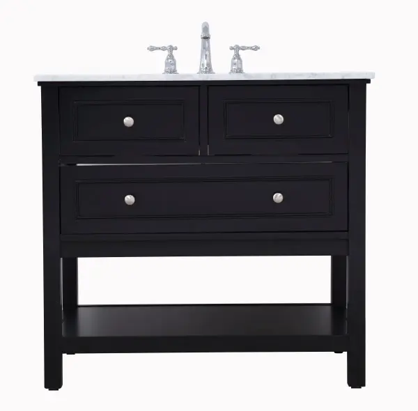 Create a refined and relaxing bath space with this contemporary design vanity, presenting its simplicity and clean straight lines in a minimalist appeal. The 36" black vanity, crafted of solid poplar wood, provides ample storage within its soft-close drawer and open shelf base, accentuated with chrome hardware. Rounding out the design is a luxurious Itallian Carrara white marble with a white porcelain under-mount oval sink. Collection: Metropolis Rooms: bathroom Finish: Black Width: 22.00" Height: 33.75" Length: 36.00" Weight: 119.00 lb Material: wood, metal, ceramic Country of Origin: Vietnam Manufacturer Warranty: 1 year limited Spec Sheet